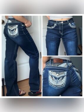 Straight Leg Dark Indigo Jeans with Embellished Back Pockets
